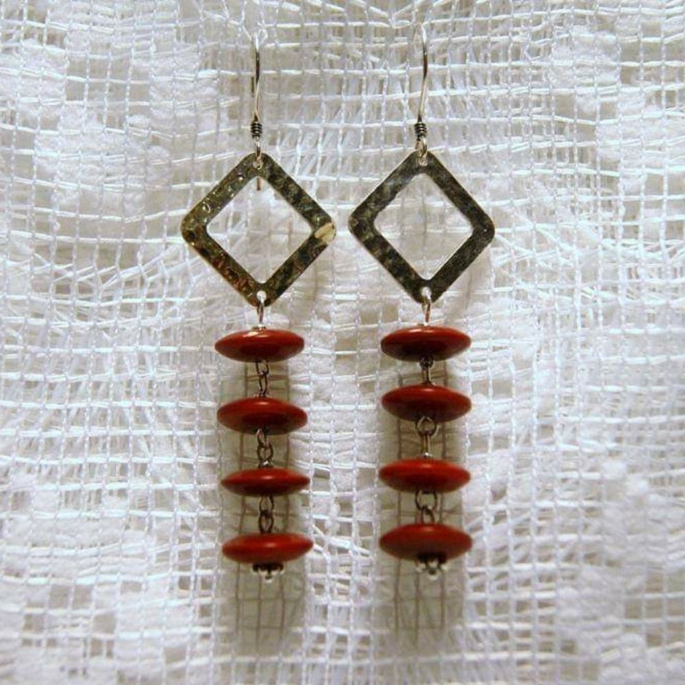 Handmade Hammered Sterling Silver   & Burgundy Red Tagua Nut Disc Kite Earrings